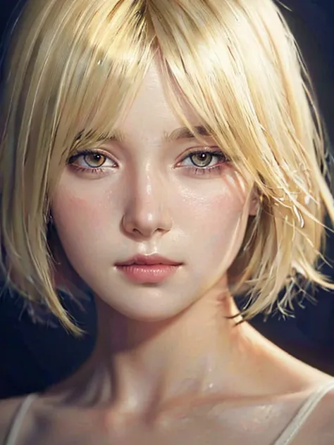 Close-up head, To the camera, Realistic digital painting of a woman portrait, Shy,  open mouth to say something, sad, (short Hair:1.1), (Soft silky Blonde Hair:1.3), (Highly detailed skin:1.2), Mystical style, Global Illumination,