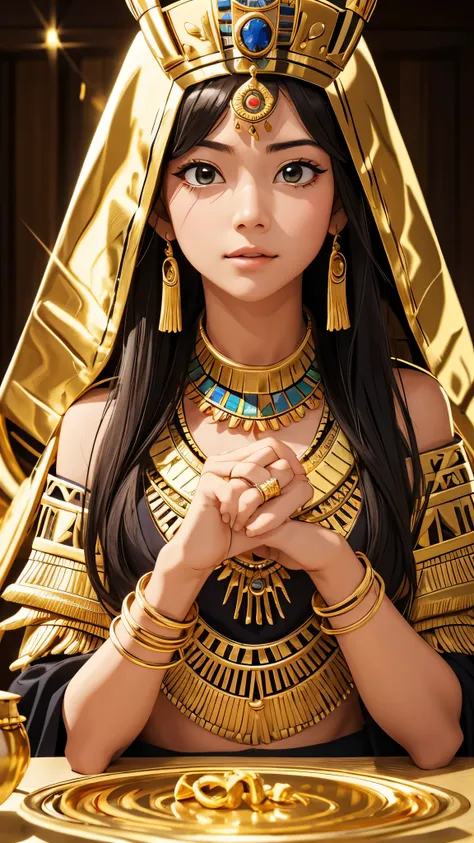 tutankhamun、gold shining skin delicate and beautiful wallpaper size、up clothes crown、gold、gold necklace、ring、gorgeous