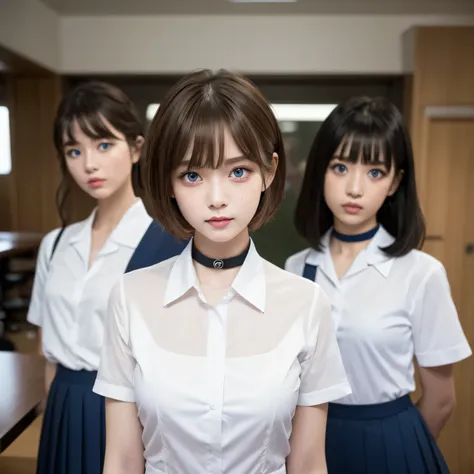 Group photo、((Layered Haircut)),（8k，highest quality），Full Body Shot，hots from a distance，student，class，During class，White satin open-collar shirt，Full body photo、 Adorable， smile， Thin face， Long, fine brown hair， 32k, masterpiece， Best image quality，超A hi...