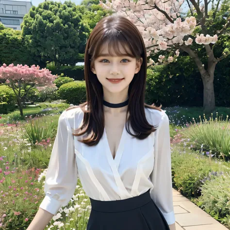 Group photo、((Layered Haircut)),（8k，highest quality），Full Body Shot，hots from a distance，student，White satin open-collar shirt，Full body photo、 Adorable， smile， Thin face， Long, fine brown hair， 32k, masterpiece， Best image quality，超A high resolution，Perfe...