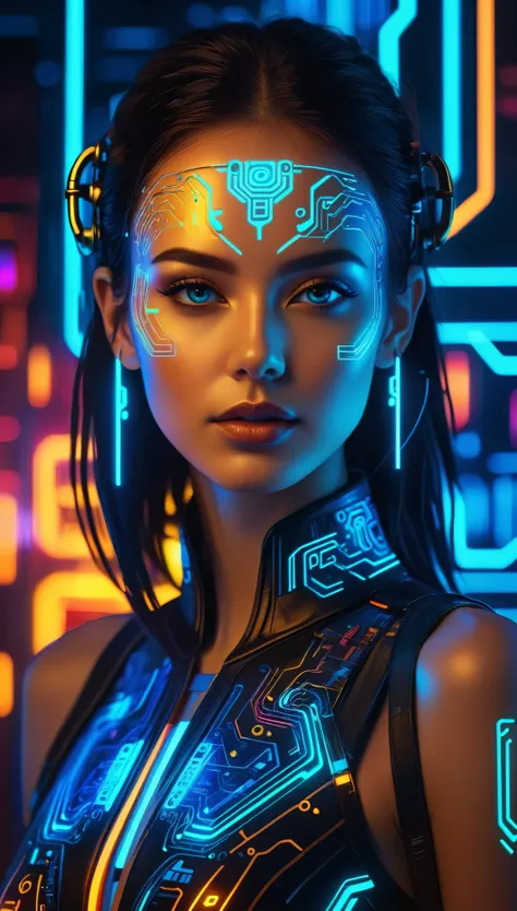 a beautiful woman with glowing circuits and symbols overlaying her face, detailed intricate circuitry, vibrant neon colors, futu...