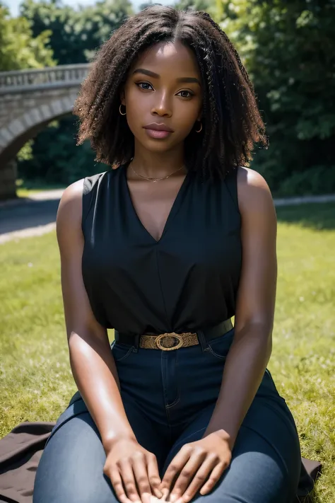 a portrait of a non-stereotypical ebony woman, wearing a sleeveless blouse with neckline,  sitting on the grass under the stone ...