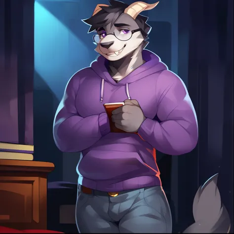 Solo, male (((short, goat, black hair, thin, thin waist, muscular, black nose, dark grey body, grey fur, teeth, white horns, purple eyes, rounded glasses, dark purple pullover hoodie, jeans))) standing, dorm bedroom, bed, innocent expression, holding books...