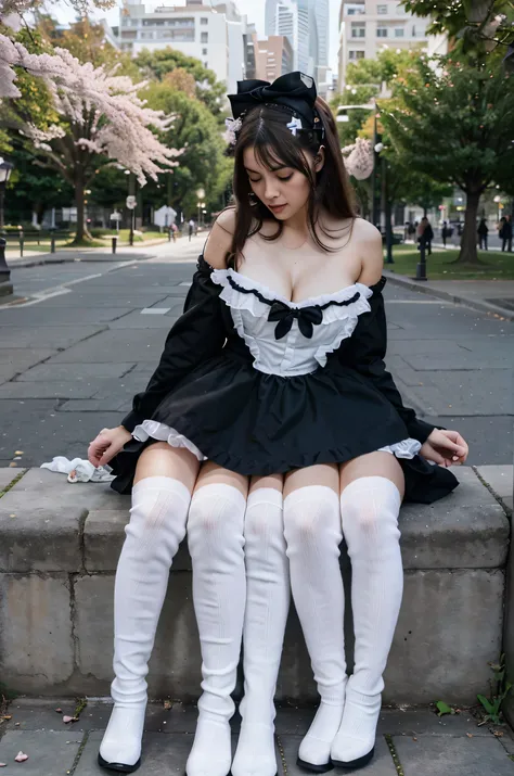 trileg, three-legged girl, age 20, curvy, dark hair, lolita fashion, black and white lolita dress, hair ribbons, white knee high...