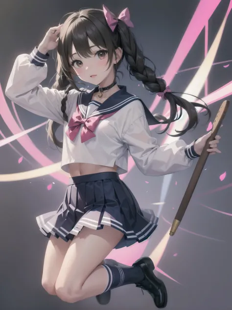 1girl, solo, looking at viewer, skirt, brown hair, shirt, long sleeves, bow, twintails, brown eyes, , full body, shoes, socks, sailor collar, black footwear, twin braids, cosplay, blue bow, white socks, pink skirt, photo background, pink sailor collar