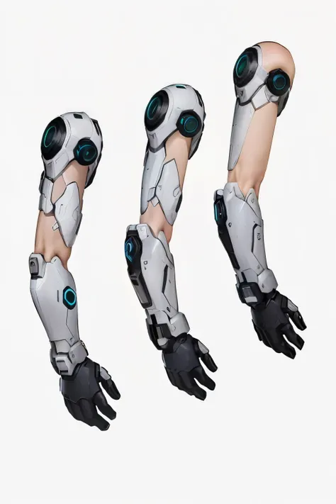 three different views of a robot arm with a pair of gloves, membros mecha, cyber limbs, white biomechanical details, cyborg parts, detailed arms, Mechanical limbs, white biomechanical details, eco de overwatch, cybernetic body parts, Bionic Arms and Eyes, ...