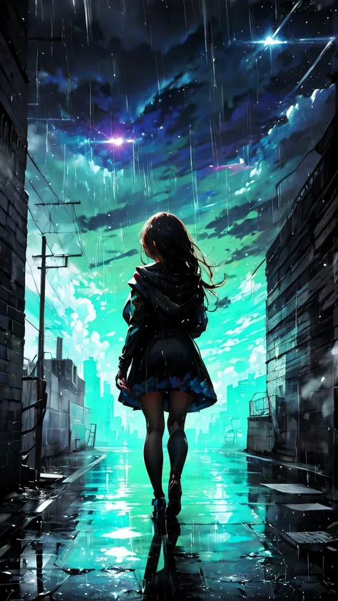 Graffiti art of a girl in the rain facing backwards