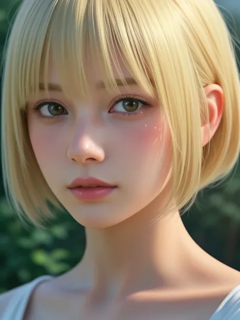 Close-up head, To the camera, Realistic digital painting of a woman portrait, Shy,  open mouth to say something, sad, (short Hair:1.1), bangs, (Soft silky Blonde Hair:1.3), (Highly detailed skin:1.2), Mystical style, Global Illumination,