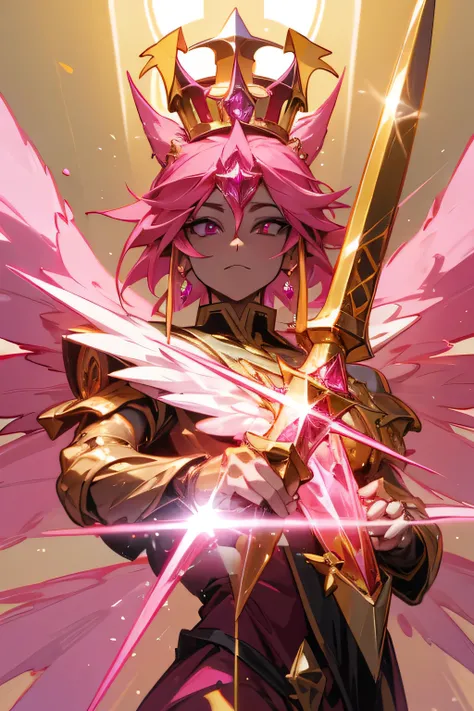 A pink diamond-shaped gemstone with a golden crown on the head, holy wings behind the body, a holy cross as the weapon, and a hell full of purgatory in the background.