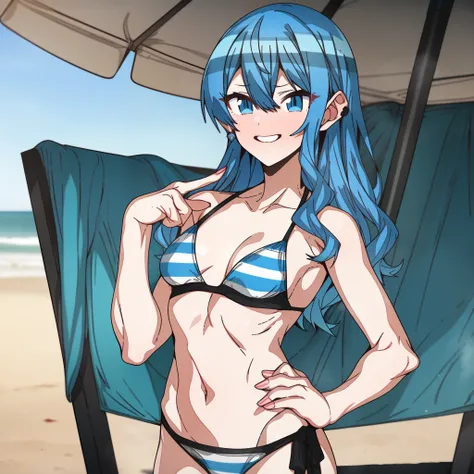 hoshimachi_suisei, Artist, erere, Copyrights, idolmaster, idolmaster_shiny_colors, Character, General, 1girl, wavy side_bangs, blue_hair, blunt_bangs, blush, medium_breasts, breasts, smile, blue_eyes, censored, long_hair, striped bikini, blue_bikini, frill...