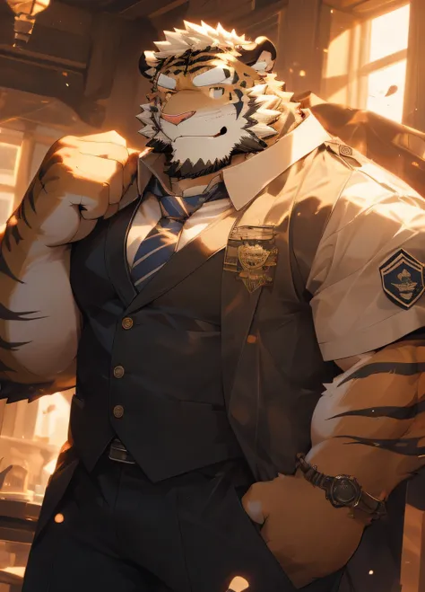 (masterpiece)，(Very detailed)，(best quality)，hairy，Tiger Orc，Orange fur，With some blond hair，Golden pupils，Special military emblem，muscular，(military uniform:1.2)，((black:1.3，tie:1.4))，(((unbutton your clothes)))，(((Smile)))，（Warm and cheerful:1.1)，Stand u...