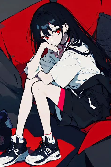 Girl, long curly black hair, red eyes, black choker around neck, , , sitting, expressionless, whiteＴShirt, black shorts, sneakers, modern, high quality, super detailed