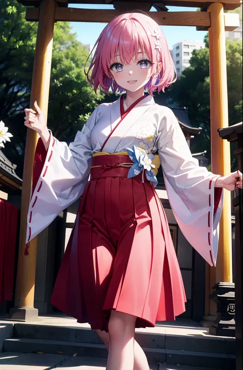 Momodebilke, A type of Deviluke, demon tail, Hair Flowers, hair ornaments, (Purple eyes:1.1), Pink Hair, short hair, tail, smile,happy smile, smile, Open your mouth,
break demon tail, Miko, White kimono, Long red hakama,White tabi,Sandals,kimono, As with t...