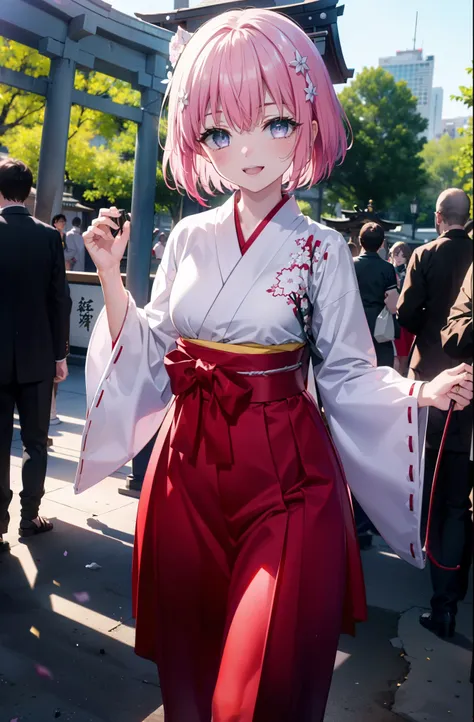 Momodebilke, A type of Deviluke, demon tail, Hair Flowers, hair ornaments, (Purple eyes:1.1), Pink Hair, short hair, tail, smile,happy smile, smile, Open your mouth,
break demon tail, Miko, White kimono, Long red hakama,White tabi,Sandals,kimono, As with t...