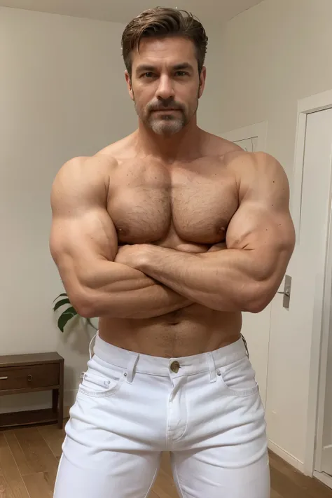 handsome mature man in his 50s,white man with a tanned complexion,(well-defined pecs and arm muscles),full body, facial hair styled into a neatly groomed beard,(intelligent and alluring eyes),a captivating, symmetric face with strong and defined facial fea...