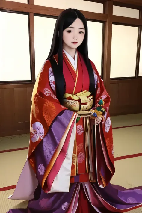 (masterpiece, best quality:1.2), 1girl, juni-hitoe, solo, very long black hair, purple-red karaginu, purple-red hakama, holding ...