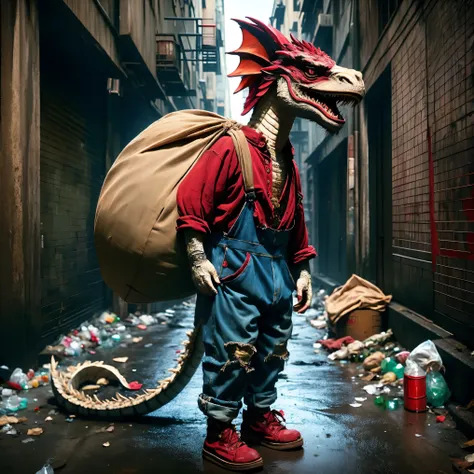 a very pathetic anthropomorphic chinese dragon, wearing a very worn red linen shirt and denim overalls, worn-out cloth shoes, ca...