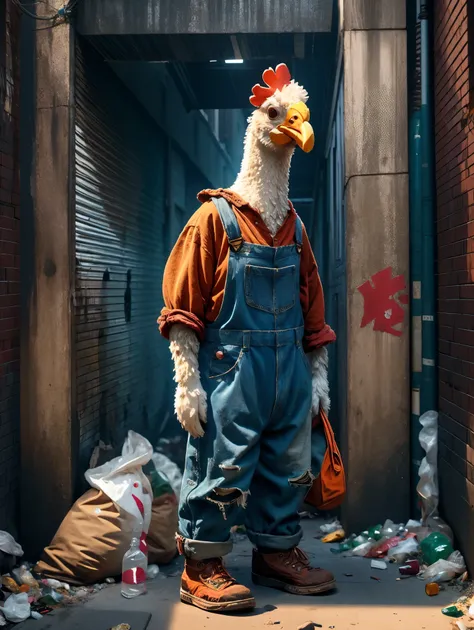 a very pitiful anthropomorphic chicken image, wearing an extremely worn orange linen shirt and denim overalls, worn-out cloth sh...