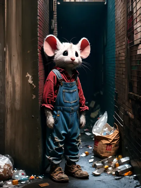 a very pitiful anthropomorphic little mouse image, wearing a very worn grey linen shirt and denim overalls, worn-out cloth shoes...