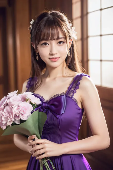 Medium display, Medium Shot, Written boundary depth, bust, Upper Body, Movie angle, masterpiece, highest quality, Very detailed, CG, 8k wallpaper, Beautiful Face, Delicate eyes, Otome, alone, smile, bangs, have,Purple Dress, bow, petal, bouquet