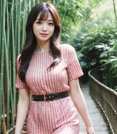 ((highest quality、8k、masterpiece:1.3))、Photorealistic, Sharp focus, high resolution, High resolution, Portraiture, alone, Japanese,  Beautiful woman, 26 years old、Big Breasts、Crimson casual dress、Photograph the whole body、(Walking through a bamboo forest)、...