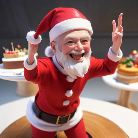 high res, (3d render character:1.3), masterpiece ,insanely detailed, absurd, (photogenic:1.3), (3d render santa claus on the cake:1.1),(round face:1.3),(laugh:1.8), (cake shop:1.3)