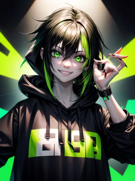 hoodie、Neon colored clothes、Green and black hair、Score 9、Score 8_up、Score 7_up、zombie、Dark Background、Sexy pose、Punk goth girl with seductive smile