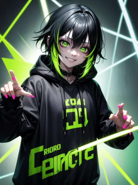 hoodie、Neon colored clothes、Green and black hair、Score 9、Score 8_up、Score 7_up、zombie、Dark Background、Sexy pose、Punk goth girl with seductive smile