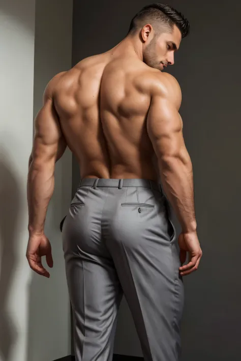 beautiful  man 30 years old,  muscular body, barba rala, mas seu rosto esta iluminado pela fogueira. gray formal trousers ((back...