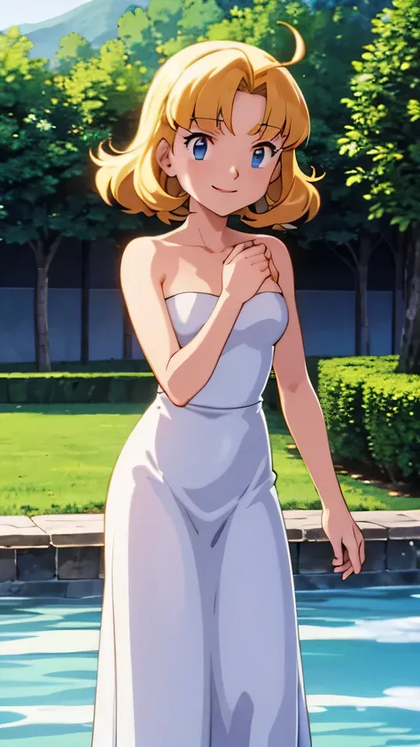 pokemovies, sugimori ken, ken sugimori ken (style), anime screencap, masterpiece, best quality, highres, outdoors, small breasts, 1 girl, Solo, Blue Eyes, Beautiful Detail Eyes, Blonde Medium Hair, Short Hair, Bangs, Good hands are down, Smile, Blushing, B...