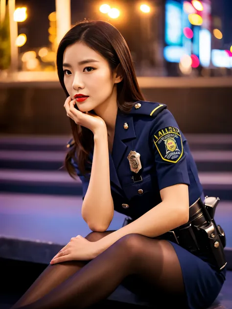 Solo, (Police Uniform, Policewoman), Stockings, City Lights, (Looking at the audience: 1.3), Lips Apart, Red Lips, Shiny Skin, Skin Dents, Best Quality, Ultra High Resolution, (Realism: 1.4), jenya.d