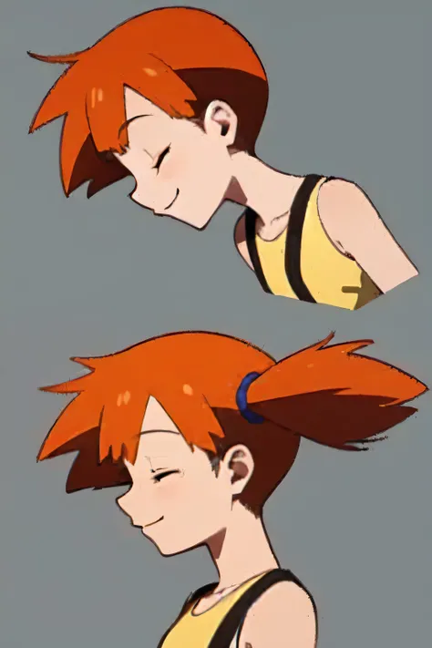 Misty,side view,orange hair,sleeveless,yellow top,hair tied,viewed from side,eyes closed,side view,sensual expression,slightly leaned forwards,leaning in,smiling,viewed from side,looking up,head tilted upwards,smiling,closed eyes ,standing