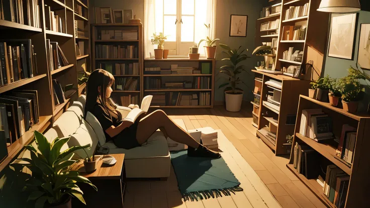 Lofi, night, inside the room, houseplants, bookshelf, night, hip hop, girl reading a book
