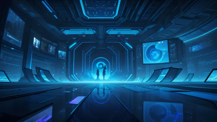 Blue Technology，Technological devices and holographic screens. . The medium of art is digital, Focus on capturing futuristic atmosphere and environment.Symmetrical scene