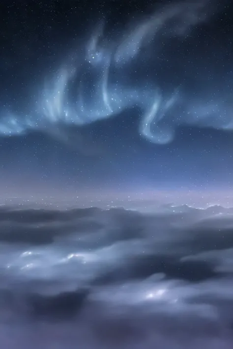 a view of a night sky with a crescent above the clouds, extremely beautiful and ethereal, fog and starry skies, glowing clouds, dreamy night, colorful night sky, beautiful night sky, foggy night sky, glowing colorful fog, very magical and dreamy, incredibl...