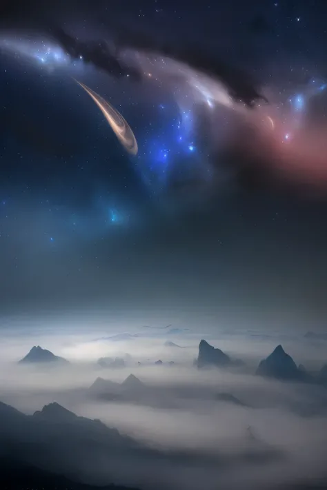 a view of a night sky with a crescent above the clouds, a matte painting by Shi Rui, flickr, space art, extremely beautiful and ethereal, fog and starry skies, glowing clouds, dreamy night, colorful night sky, beautiful night sky, foggy night sky, glowing ...