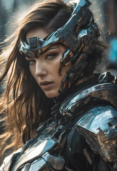 In a destroyed city of the future、Medium shot of a sexy female cyborg in futuristic armour with scratches and stains, Fantasy, Science fiction, Beautiful woman face, Fascinating, Sexual, haze, 鮮やかでFascinating目, Top quality masterpiece, Realistic, be famili...