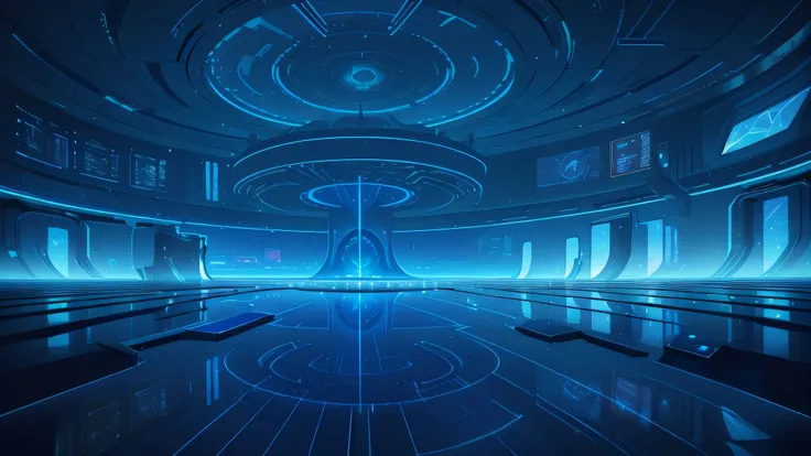 Blue Technology，Technological devices and holographic screens. Depth，Front view，hemicycle，symmetry，nobody，. The medium of art is digital, Focus on capturing futuristic atmosphere and environment.Symmetry scene,