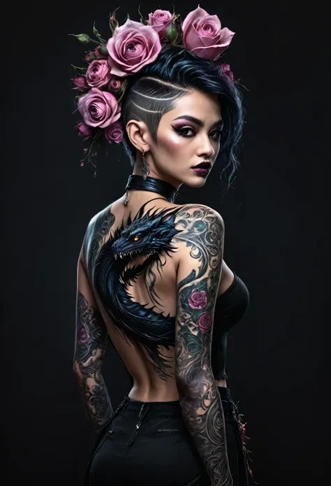 (best quality, 4k, 8k, high resolution, masterpiece: 1.2), ultra detailed: 1.4, back of a beautiful punk woman with a black drag...