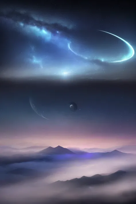 a view of a night sky with a crescent above the clouds, a matte painting by Shi Rui, flickr, space art, extremely beautiful and ethereal, fog and starry skies, glowing clouds, dreamy night, colorful night sky, beautiful night sky, foggy night sky, glowing ...