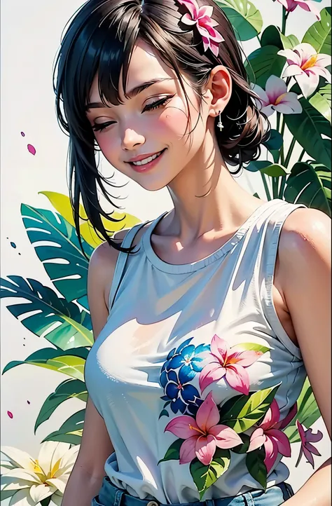 a Plumeria painting with a splatter background and spray paint effect, by Adam hughes, plumeria flower design t-shirt and jean shorts, upper body centered, multi-color hair, 1 eye closed, big happy smile, watercolor art,  watercolor painting, watercolor pa...