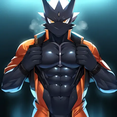 Thin macho　western black dragon　　abs　　　　　Hollow abs　　body suit　　thick arms　　　chest rig　　　、sweaty　　　skin glow　　profile　　Wearily　short of breath　　  　Chemo shota
jacket