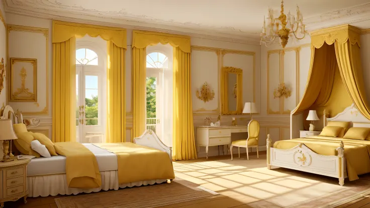 Create a detailed description of a European-style room designed for a , featuring: * A yellow curtain on a wooden deck * White wallpaper on the walls * An extremely precise and detailed design * 16k resolution * A beautiful poster of a character * Morning ...