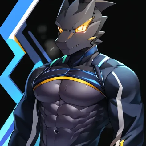 Thin macho　western black dragon　　abs　　　　　Hollow abs　　body suit　　thick arms　　　chest rig　　　、sweaty　　　skin glow　　profile　　Wearily　short of breath　　  　Chemo shota
jacket