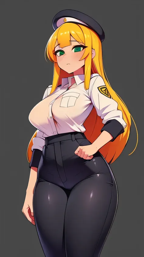 a beautiful girl beautiful sexy sexy big breast long bright yellow hair her green eye wears white button down security uniform a...