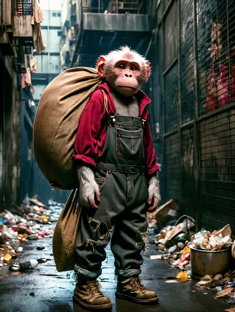 (personification:1.3)，(very poor monkey)，dressed in rags(gray baseball jacket:1.3)and(overalls)，(tattered cloth shoes)，dragging ...