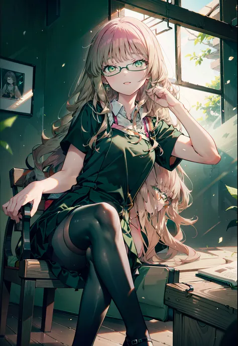 minami yume ,sss Dynazenon ,Long Hair, Brown Hair, (Green Eyes:1.5) ,Center of chest,hair band,happy smile, smile, Open your mouth, Black-rimmed glasses, Black dress,Short sleeve,Black long skirt,Stiletto heels,sitting cross-legged on a chair,Daytime,Clear...