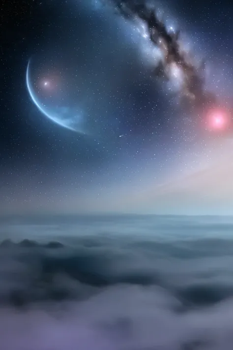 a view of a night sky with a crescent above the clouds, a matte painting by Shi Rui, flickr, space art, extremely beautiful and ethereal, fog and starry skies, glowing clouds, dreamy night, colorful night sky, beautiful night sky, foggy night sky, glowing ...