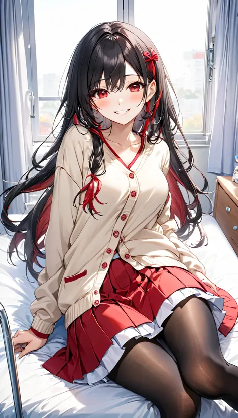 (visit style) (solo straight black hair long hair cute dominance girl, detailed cool red eyes, grin, 18 yo, love smile, big tits), (in a school summer cardigan, red ribbon, skirt, detailed black tights), BREAK, (in the hospital bedroom, wariza on bed), (fo...