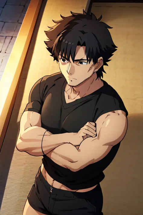 Kiritsugu is sitting and flexing his biceps and abs. He wears black short boxershorts. You can see his thighs. He wears a black tshirt with short sleeves. His right sleeve is completely rolled up so you can see his entire arm and shoulder. He is showing hi...